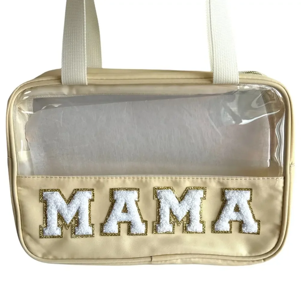 Preppy Clear MAMA Makeup Bag Large Travel Cosmetic Tote Chenille Patch NEW